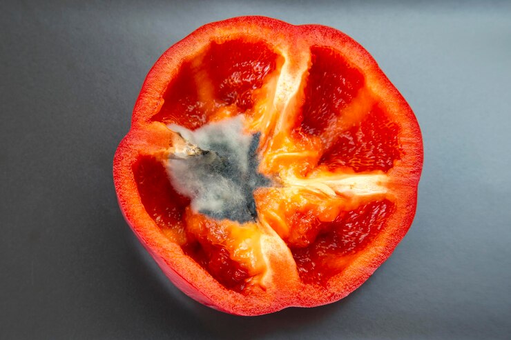 Foto pilzschimmel auf rotem paprika lebensmittel vitamin gemüse und lagerung von früchten vor verderb
