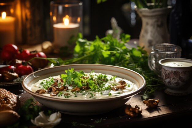 Pilzsuppe auf dem Küchentisch professionelle Werbe-Food-Fotografie