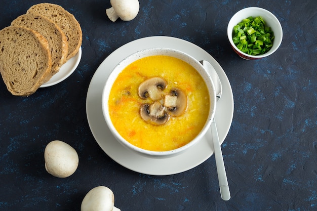 Pilzsuppe in einem weißen Teller mit Brot und geschnittenen Frühlingszwiebeln flach legen