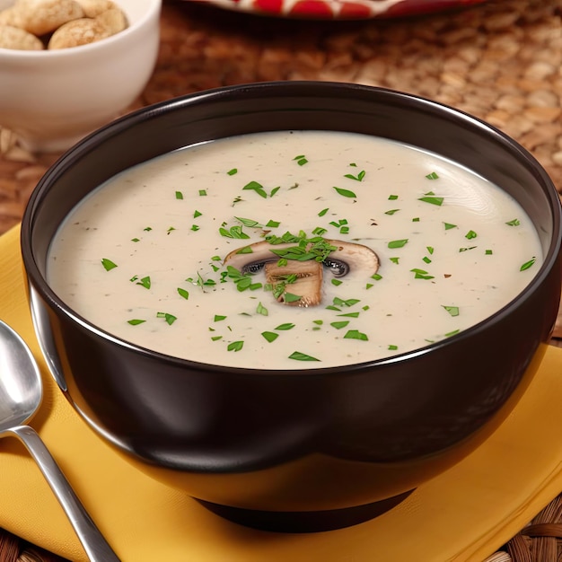 Pilzsuppe in einer schwarzen Schüssel auf einem hölzernen Hintergrund