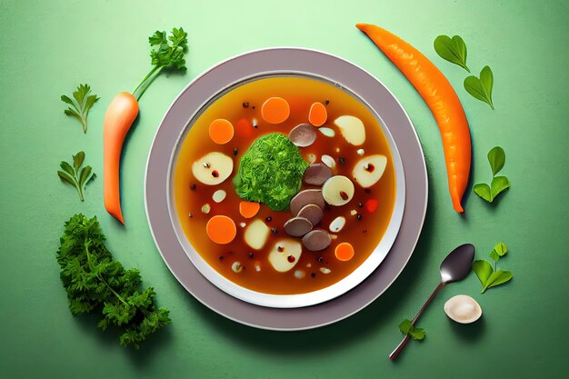 Pilzsuppe mit Kidney-Bohnen-Kartoffeln und Karotten-Draufsicht-Kopienraum Generative Ai