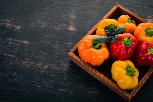 Pimenta colorida em uma caixa de madeira vista superior em um fundo preto espaço livre para texto