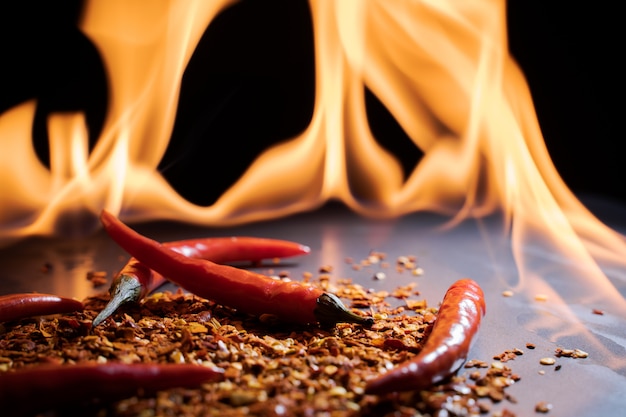 Foto pimenta encarnada pelo fogo em um fundo preto