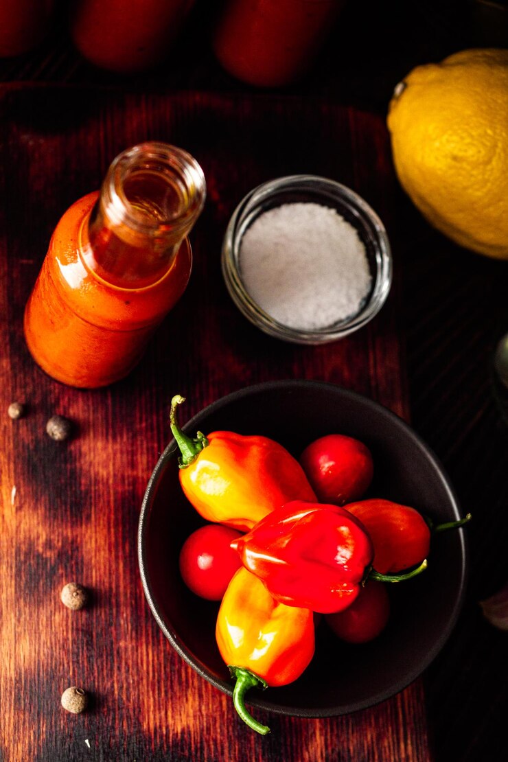 Foto pimenta habanero superquente pimenta fresca e picante com ingredientes em fundo de madeira