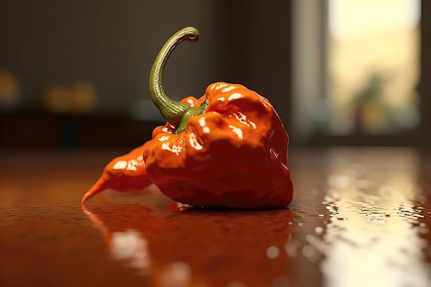 Foto pimenta habanero vermelha fresca em mesa de madeira em fundo natural