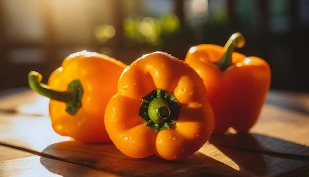 Pimenta laranja fresca em mesa de madeira Vegetais naturais e saborosos Alimentos de jardim orgânicos
