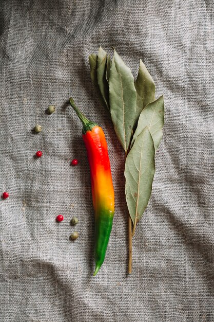 Pimenta malagueta vermelha com folhas secas