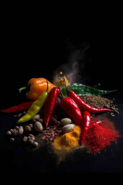 Foto pimenta picante com comida em pó e pedras