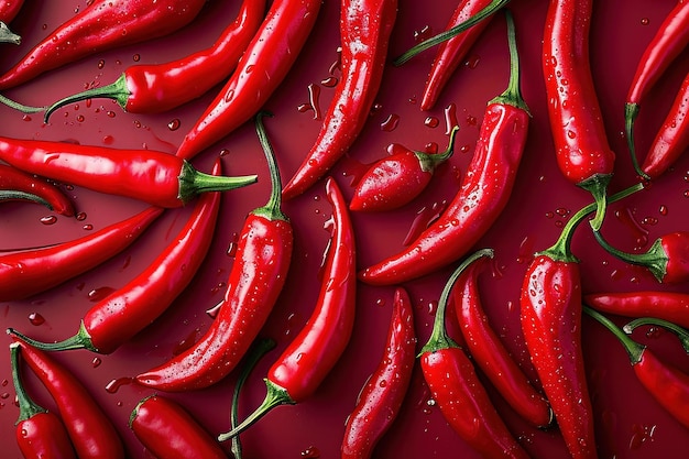 Pimenta picante vermelha vibrante com gotas de água em uma superfície vermelha conceito de ingrediente fresco e picante