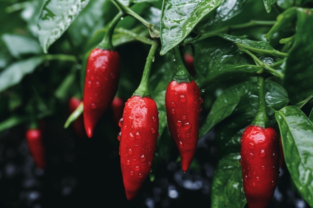 Pimenta vermelha brilha com gotas de orvalho depois de uma chuva revitalizante