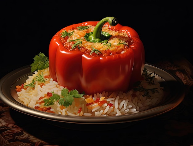 pimenta vermelha com arroz e azeite de salsa no estilo de figuras realistas e realistas