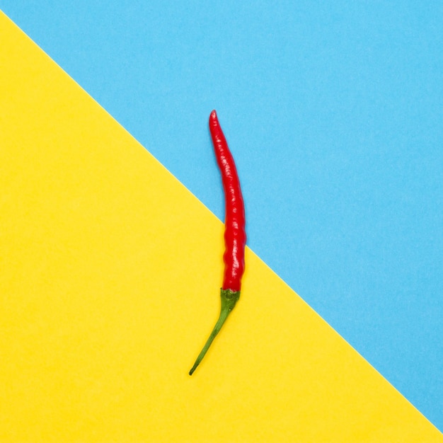 Pimenta vermelha em fundo azul e amarelo. design de arte minimalista