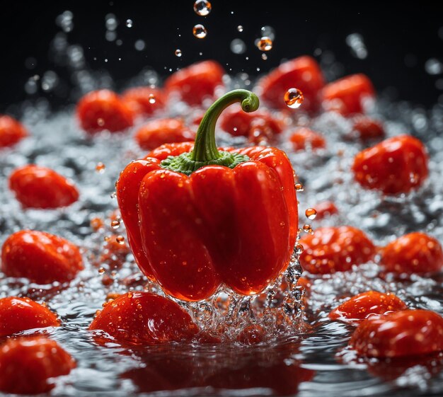 Pimenta vermelha fresca com gotas de água em fundo preto Conceito de comida saudável