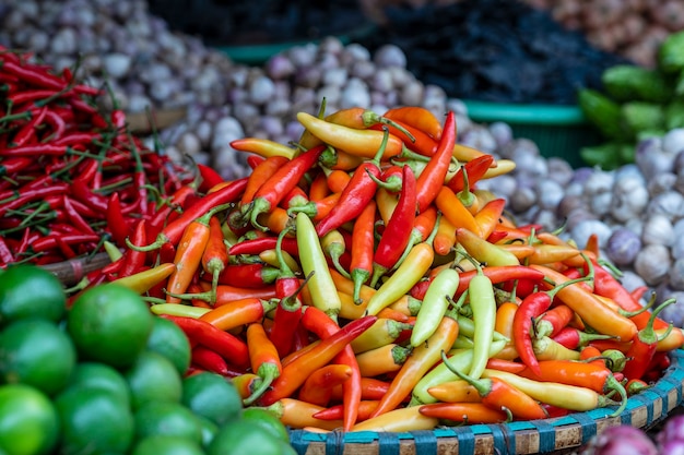 Pimentão laranja, amarelo e vermelho à venda no mercado de comida de rua na cidade velha de Hanói, no Vietnã. Fechar-se