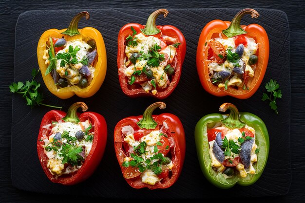 Pimentas assadas recheadas com queijo, tomates, ervas, alcaparras e anchovas sobre um fundo de madeira preta