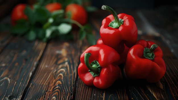 Pimentas vermelhas frescas em um fundo de madeira rústica Vegetais vibrantes conceito de alimentação saudável Presentação de alimentos naturais IA