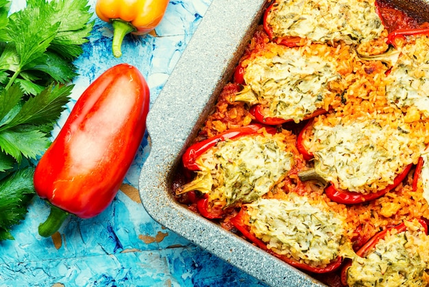 Pimentos recheados com peru, ervas e arroz. Pimentas assadas com molho satsiki em assadeira