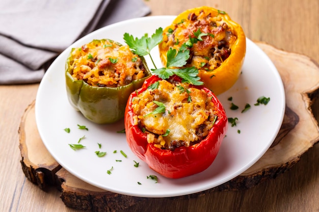 Pimentos recheados, metades de pimentos recheados com arroz, tomate seco, ervas e queijo numa assadeira sobre uma mesa de madeira azul, vista superior. (nome turco; biber dolmasi)