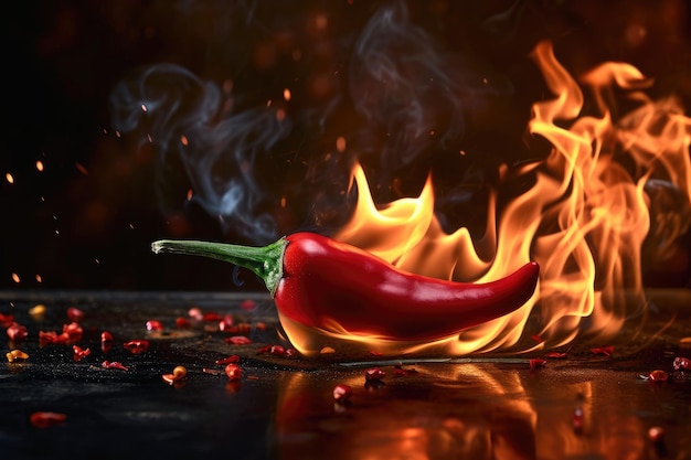 pimienta picante roja ardiendo en el fuego sobre un fondo negro oscuro
