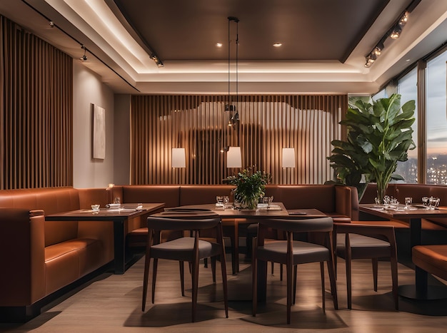 Pimienta realista colores neutros cálidos iluminación muy detallada atmósfera acogedora un restaurante vacío capturado en un tiro extremo generativo AI generado