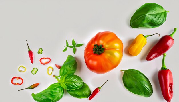 Foto pimienta de tomate de albahaca fresca y chile sobre un fondo blanco