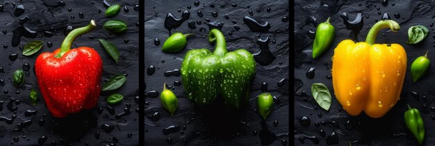 Foto pimientas frescas coloridas con gotas de agua en el fondo verduras vibrantes en el fondo