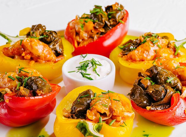 Pimientas rellenas de colores en un plato blanco