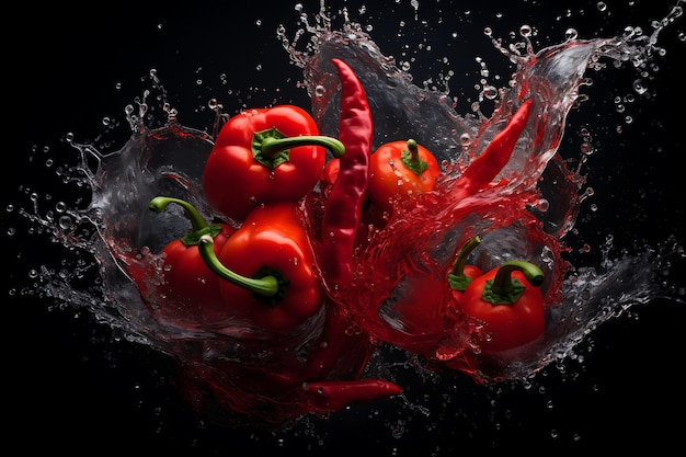 Pimientas rojas con salpicaduras de agua