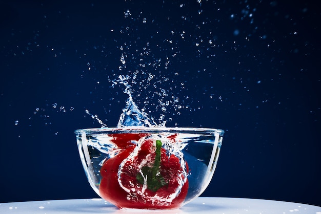 Foto el pimiento cae en un vaso de agua.