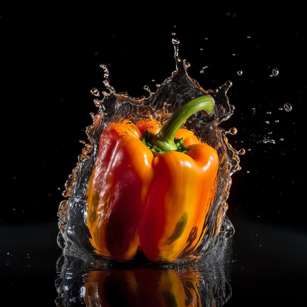 Pimiento en el chorrito de agua sobre fondo negro aislado