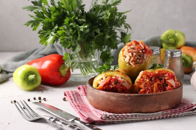 Pimiento morrón relleno de arroz y carne picada en salsa de tomate en un plato