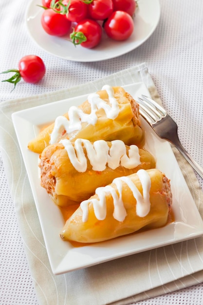 Pimiento relleno con carne y arroz en un plato cuadrado blanco