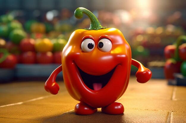 Un pimiento rojo de dibujos animados con una gran sonrisa en la cara