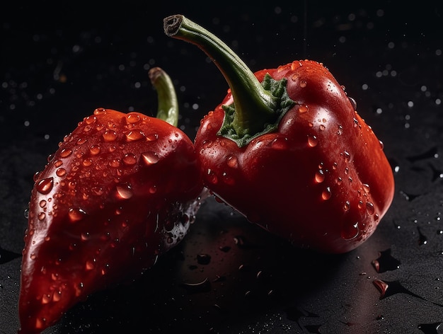 Pimiento rojo con gotas de agua sobre un fondo negro