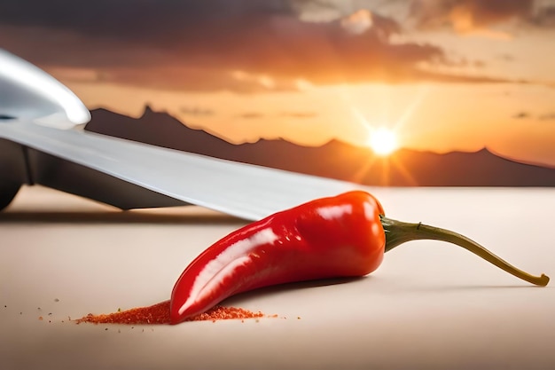 Foto un pimiento rojo está sobre una mesa con una puesta de sol al fondo.