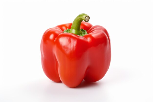 un pimiento rojo con un tallo verde sobre un fondo blanco