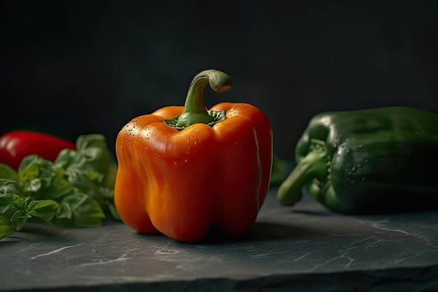 Un pimiento se sienta en una mesa con otras verduras.