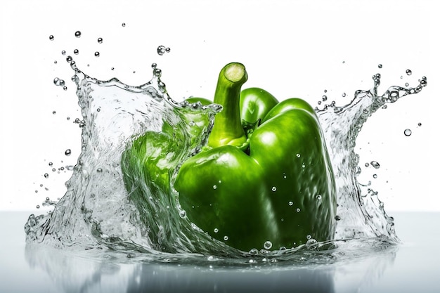 Un pimiento verde chapoteando en agua