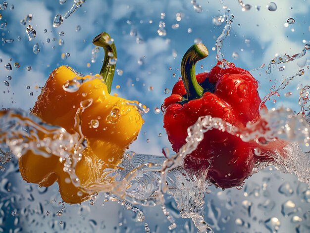 pimientos amarillos y rojos en salpicaduras de agua sobre un fondo azul celestial