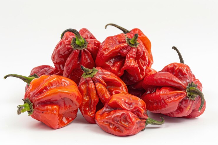 Pimientos de chile rojos frescos con tallos verdes aislados sobre un fondo blanco que muestran un color vibrante y un sabor picante