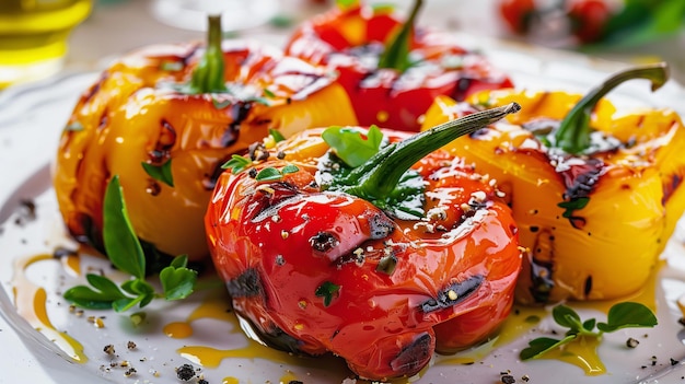 Pimientos enteros a la parrilla en un plato con condimentos