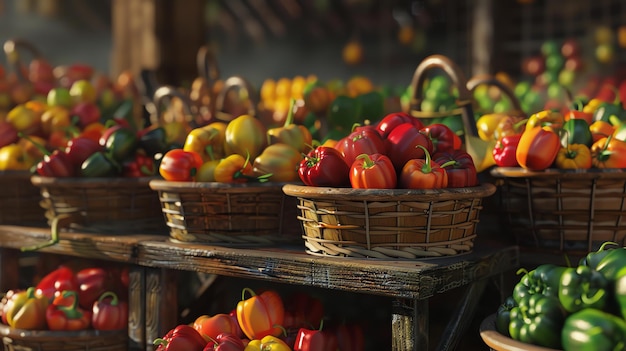 Pimientos frescos y coloridos en cestas de mimbre en una mesa de madera en un mercado de agricultores