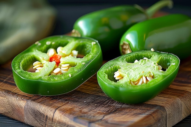 Pimientos Jalapeno verdes frescos divididos en dos y cortados en una tabla de cortar de madera Cocina mexicana picante