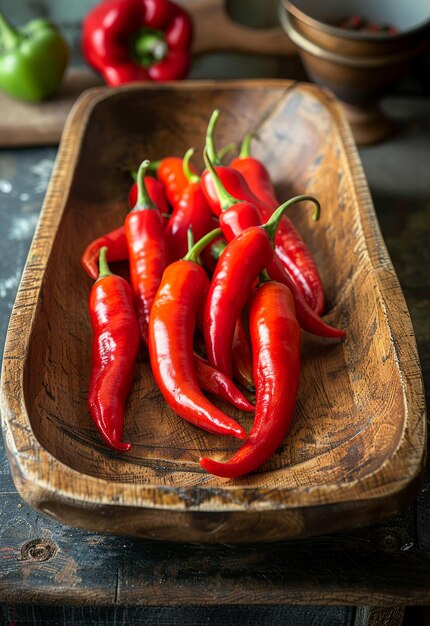 Pimientos picantes rojos en una bandeja de madera