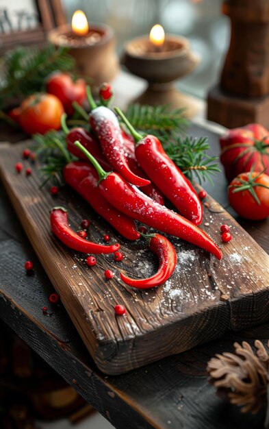 Pimientos picantes rojos en una tabla de madera