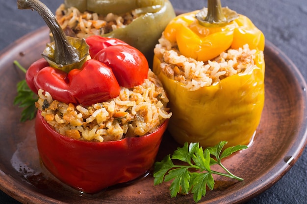 Pimientos rellenos de colores con carne de arroz y perejil