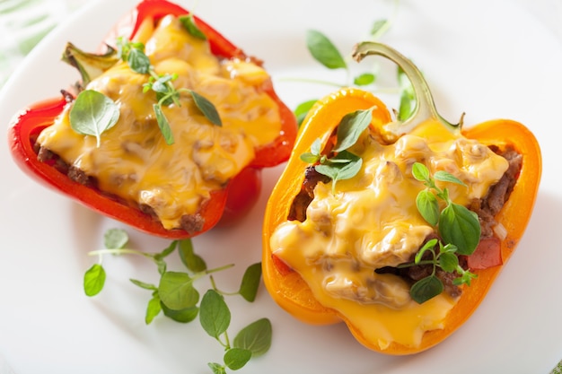 Pimientos rellenos de colores con verduras de carne y queso