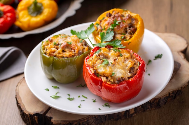 Pimientos rellenos mitades de pimientos rellenos con arroz, tomates secos, hierbas y queso en una fuente para horno sobre una mesa de madera azul vista superior nombre turco biber dolmasi