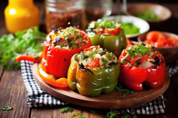 Foto pimientos rellenos a la parrilla en una mesa rústica