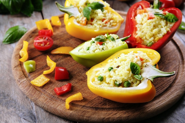 Pimientos rellenos con verduras en la mesa de cerca